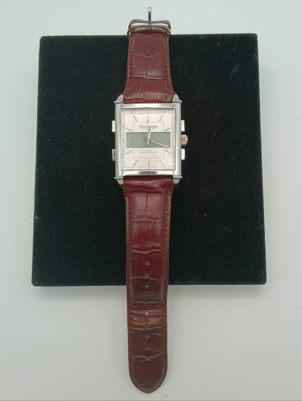 Triumph Rectangular Silver Tone Watch with Brown Leather Strap Very Rare